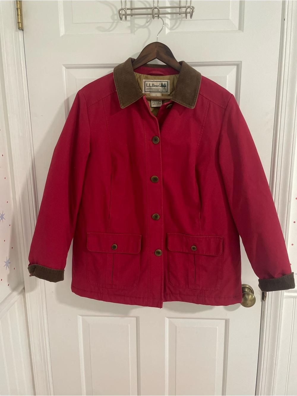 L.L. Bean Red Barn Coat with Brown Corduroy Collar